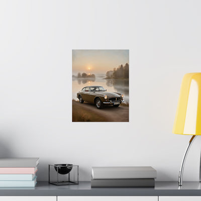 Vintage Car Matte Poster featuring a classic car by a serene lakeside at sunset