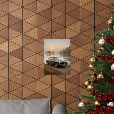 Vintage Car Matte Poster displayed on a wooden wall above a cozy sofa and next to a holiday tree