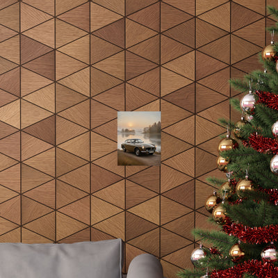 Vintage Car Matte Poster displayed on a textured wooden wall near a decorated Christmas tree