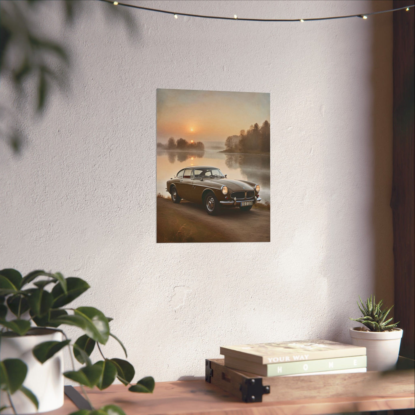 Vintage Car Matte Poster featuring a classic vehicle by a serene lake at sunset