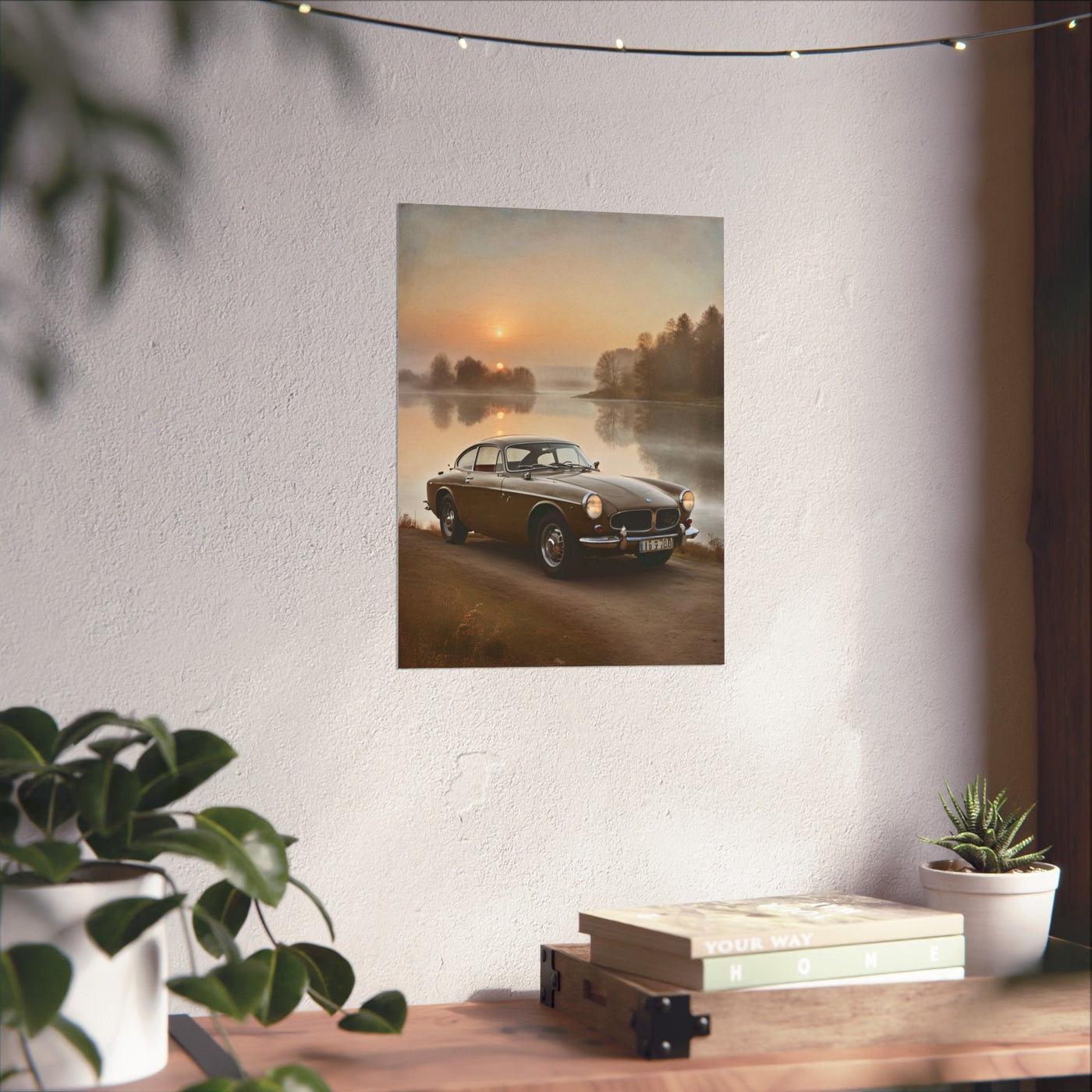 Vintage Car Matte Poster featuring a classic car by a serene lake at sunrise