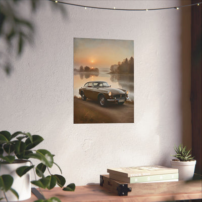 Vintage Car Matte Poster featuring a classic car by a serene lake at sunrise