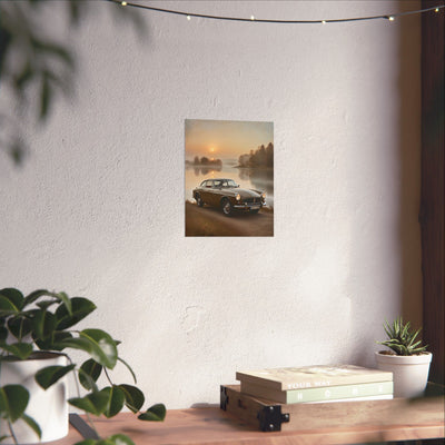 Vintage Car Matte Poster featuring a classic car in a serene sunset setting on a wall