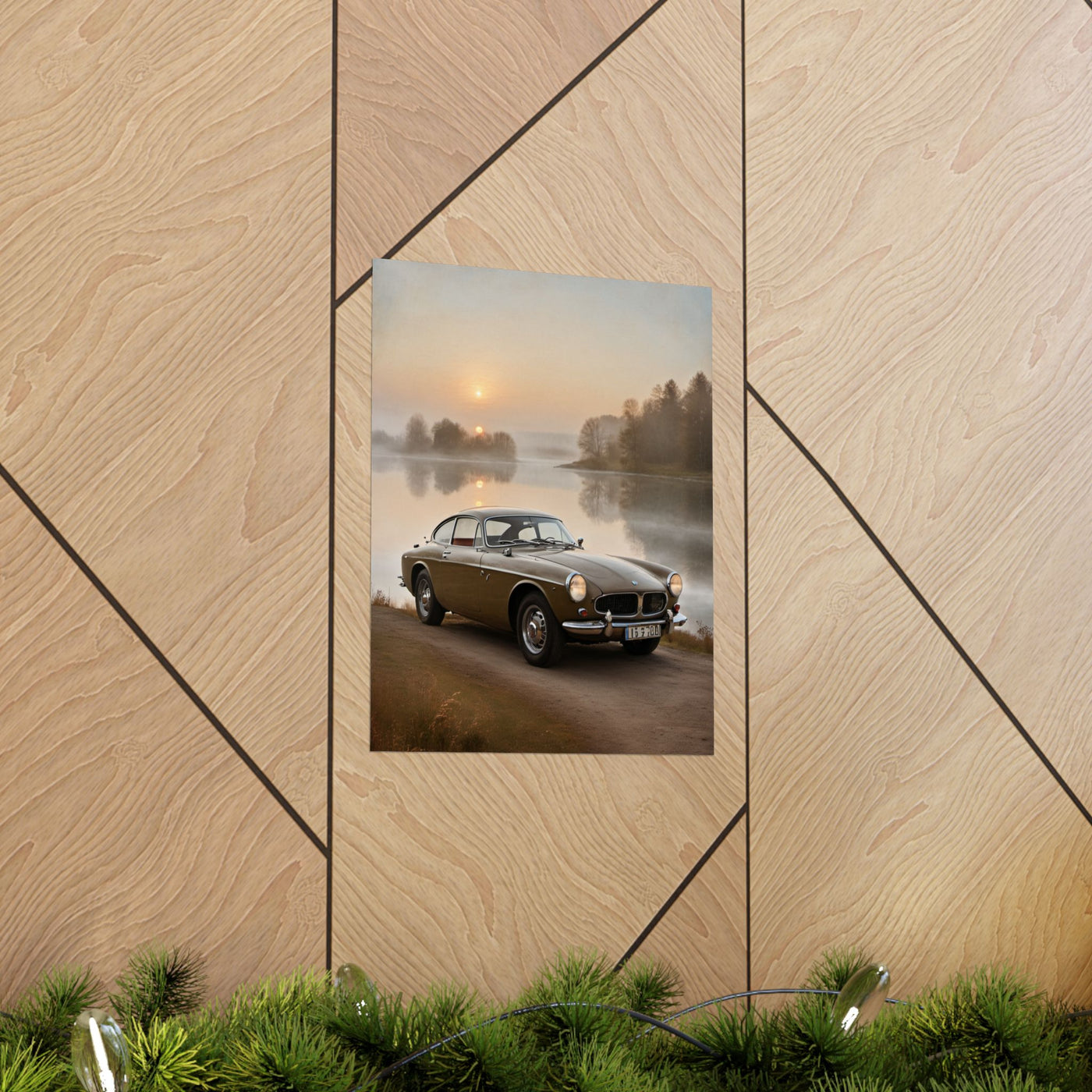 Vintage Car Matte Poster featuring a classic car near a serene lake at sunrise
