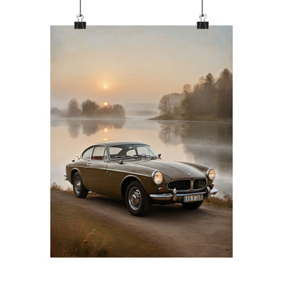 Vintage Car Matte Poster featuring a classic car by the lake at sunrise with scenic background