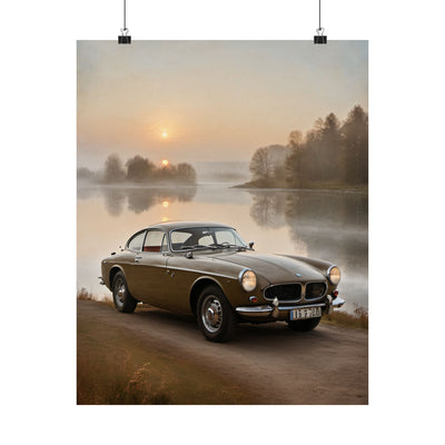 Vintage Car Matte Poster featuring a retro car by a serene lakeside at sunrise