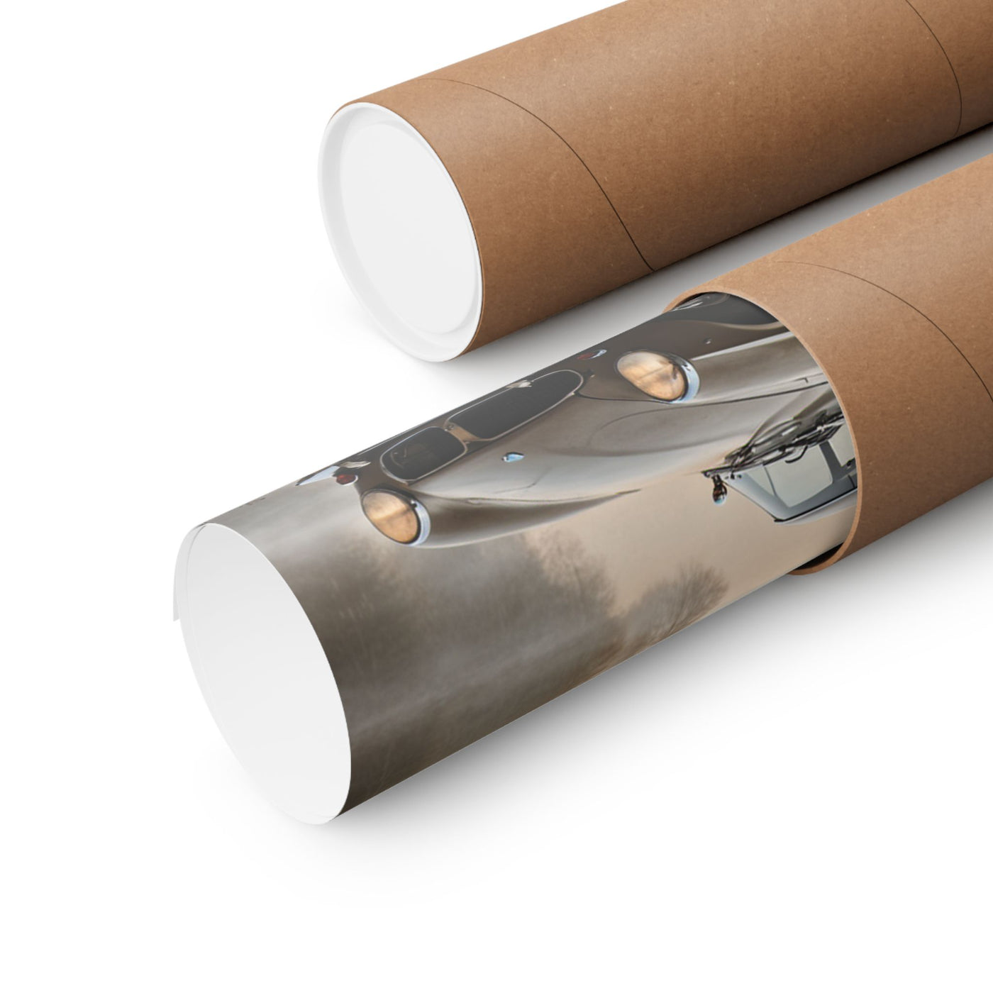 Vintage Car Matte Poster rolled up in a brown tube ready for shipping and display