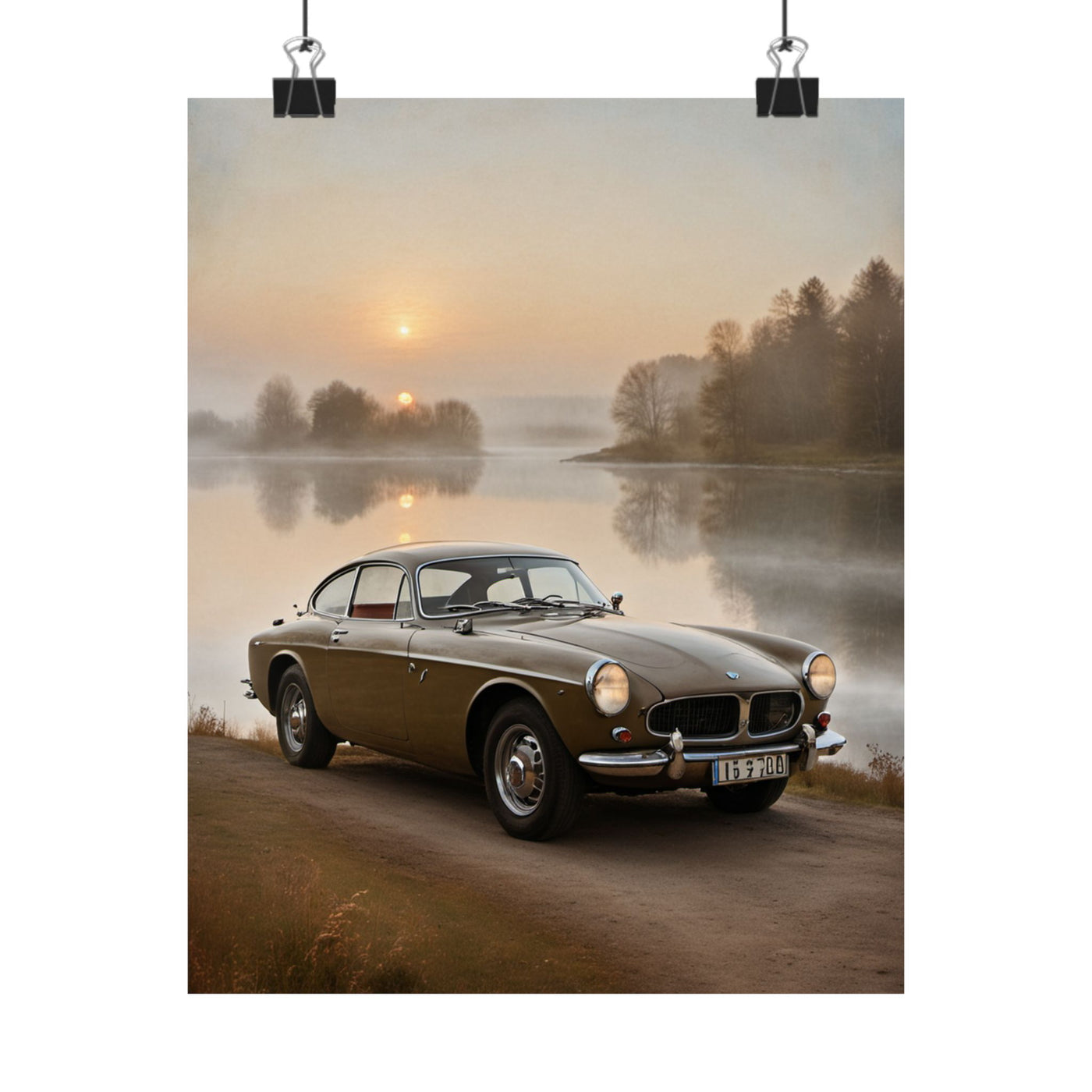 Vintage Car Matte Poster featuring a classic vehicle by a serene lake at sunrise