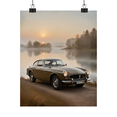 Vintage Car Matte Poster featuring a classic vehicle by a serene lake at sunrise