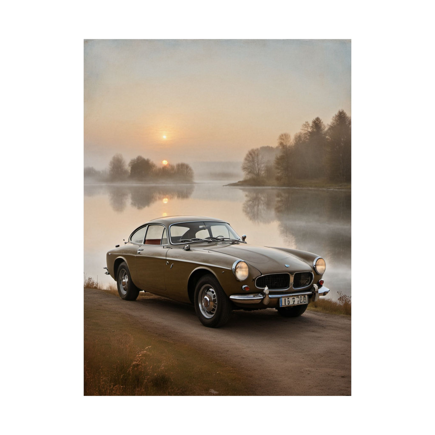 Vintage Car Matte Poster featuring a classic car by a serene lakeside at sunrise