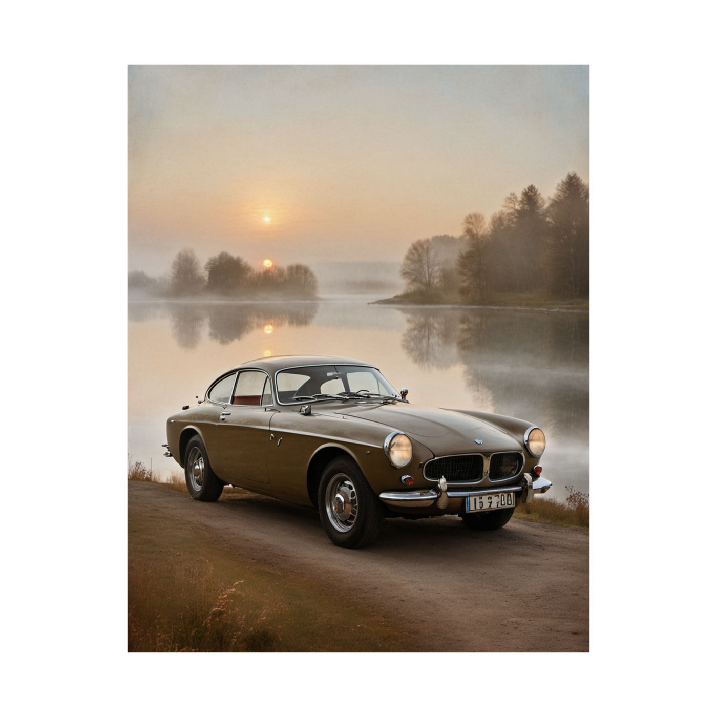Vintage Car Matte Poster featuring a classic car by a serene lake during sunrise