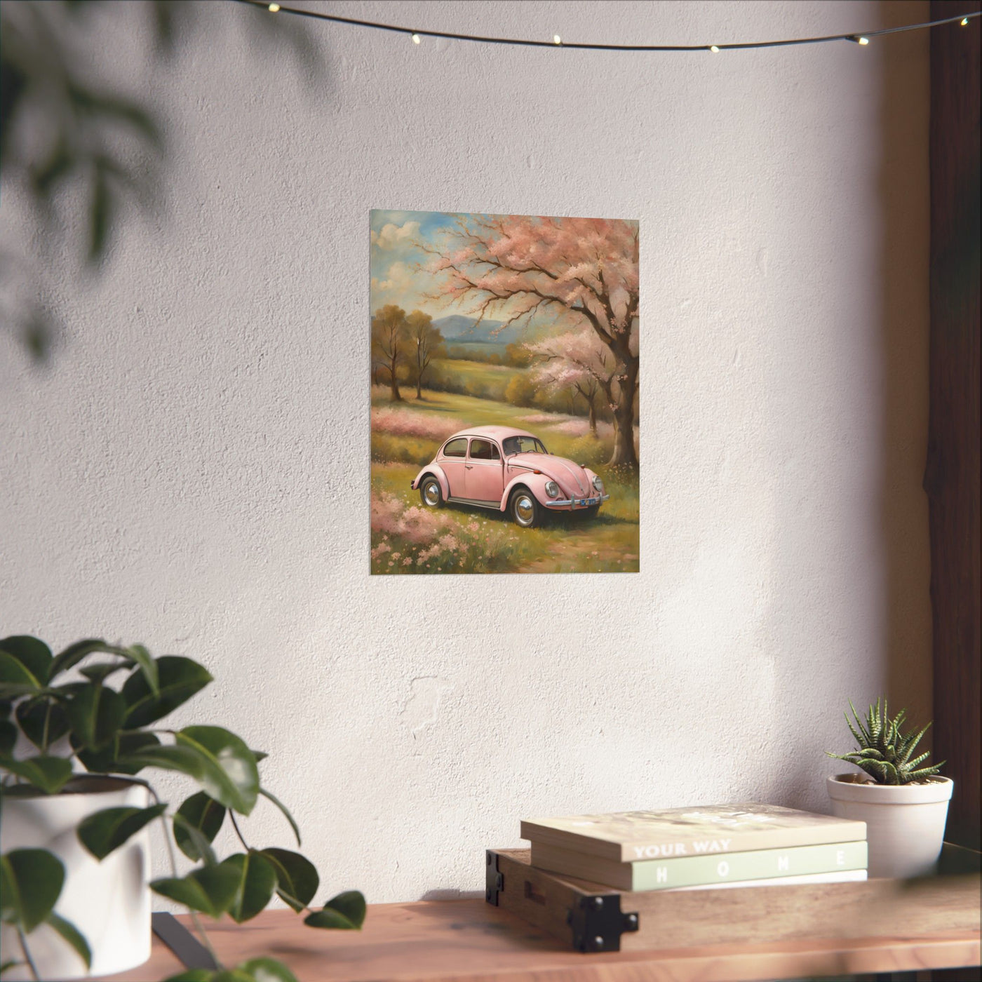Vintage car matte vertical artwork featuring a pink car in a scenic landscape