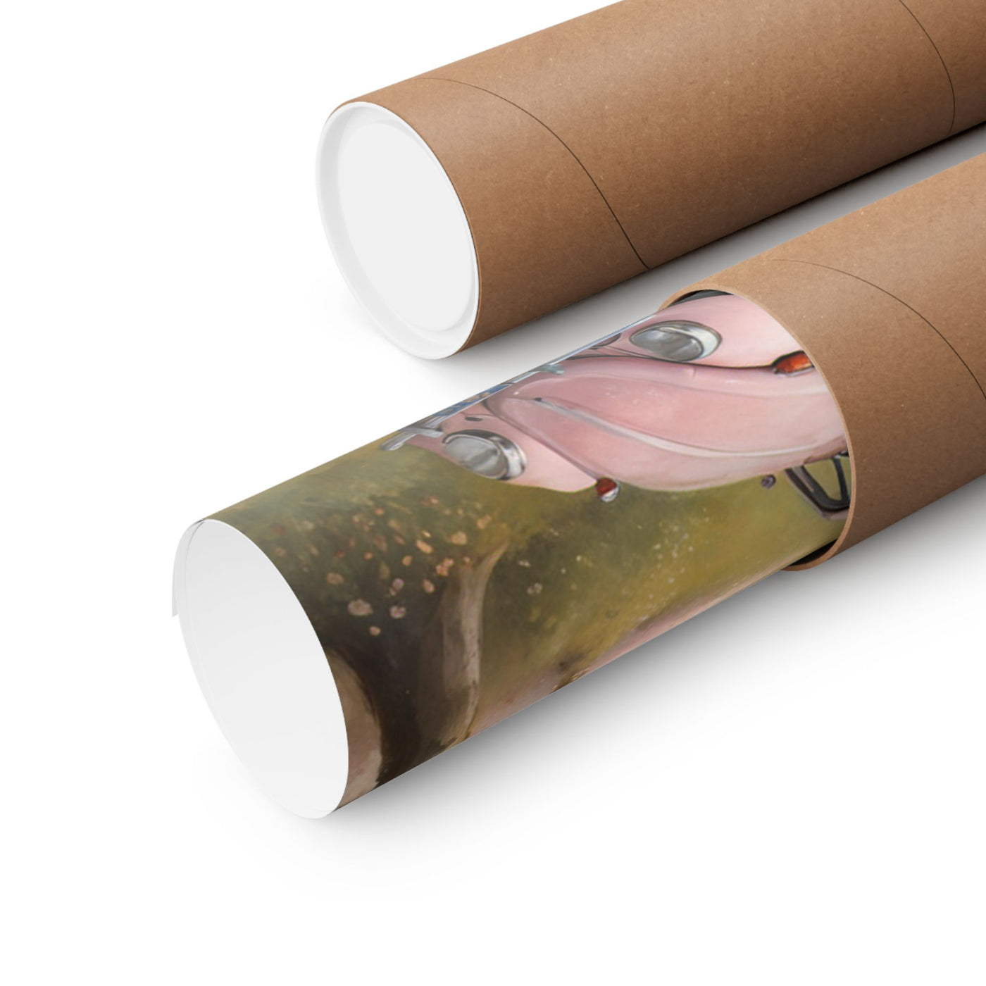 Vintage car matte vertical artwork rolled inside eco-friendly tubes for easy shipping and storage