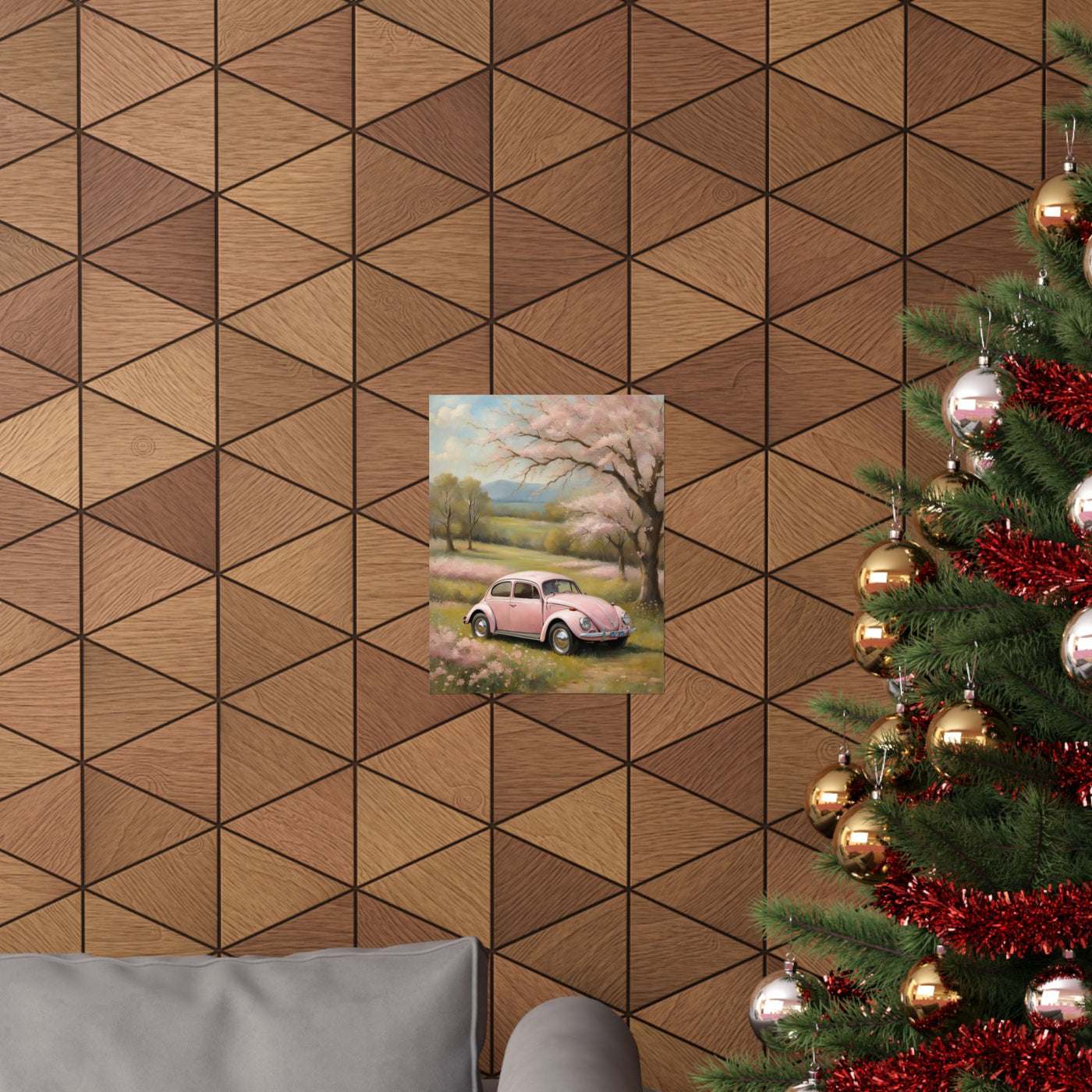 Vintage car matte vertical artwork displayed on a stylish wall in a festive living room setting