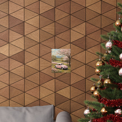 Vintage car matte vertical artwork displayed on a geometric wooden wall with Christmas tree in the foreground