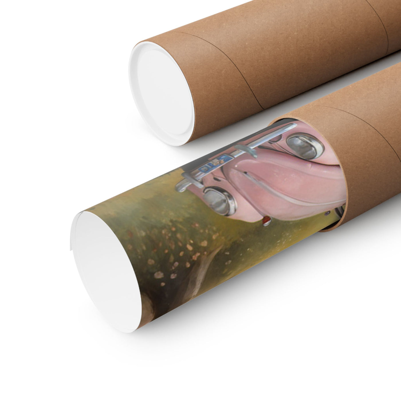 Vintage car matte vertical artwork rolled in packaging for easy display and storage