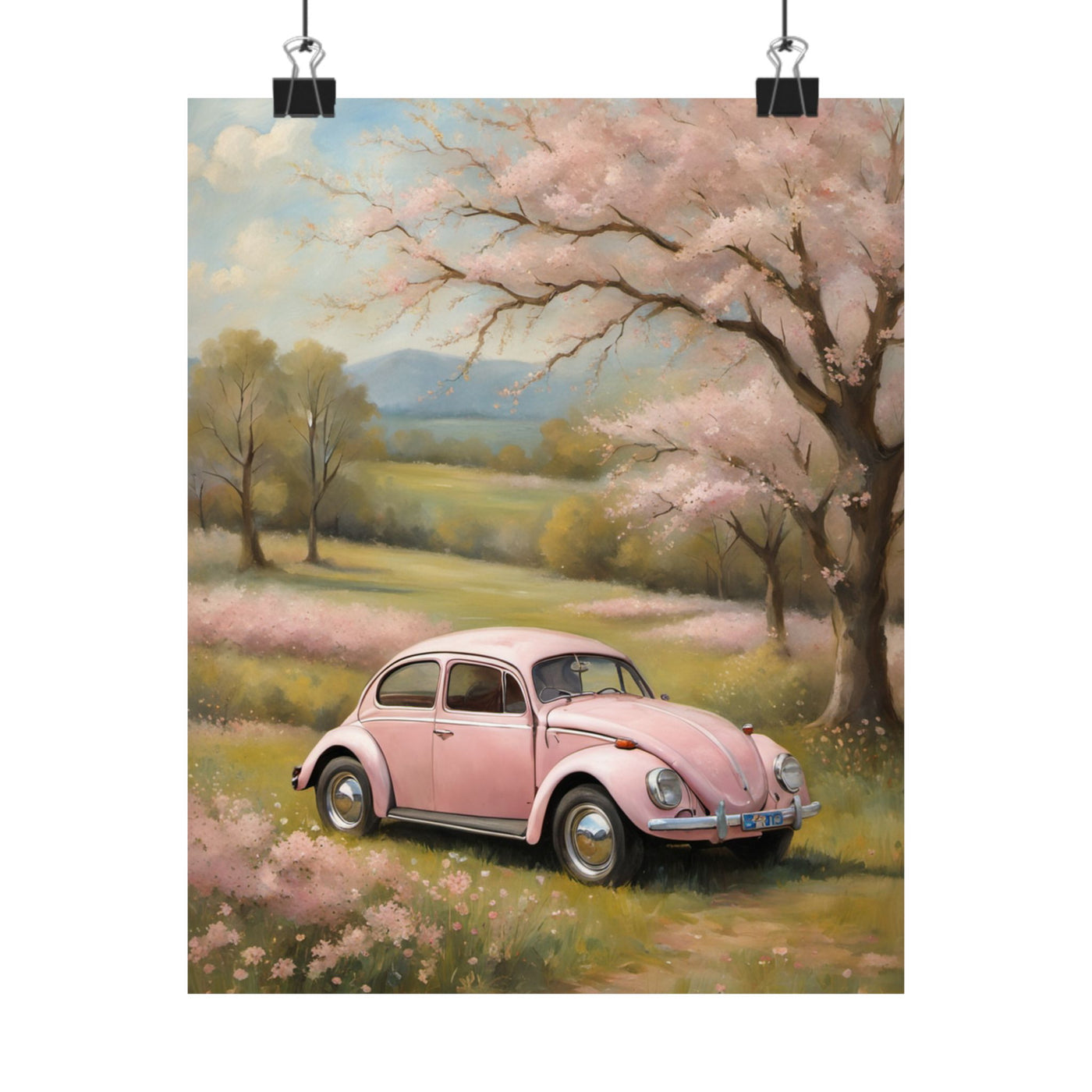 Vintage car matte vertical artwork featuring a pink classic car amidst blooming trees and a scenic landscape