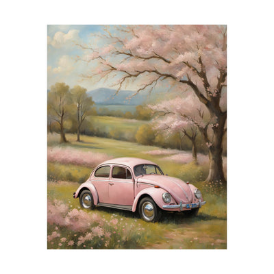 Vintage car matte vertical artwork featuring a pink beetle in a picturesque landscape