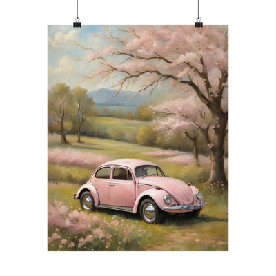Vintage car matte vertical artwork featuring a pink classic car in a scenic spring landscape