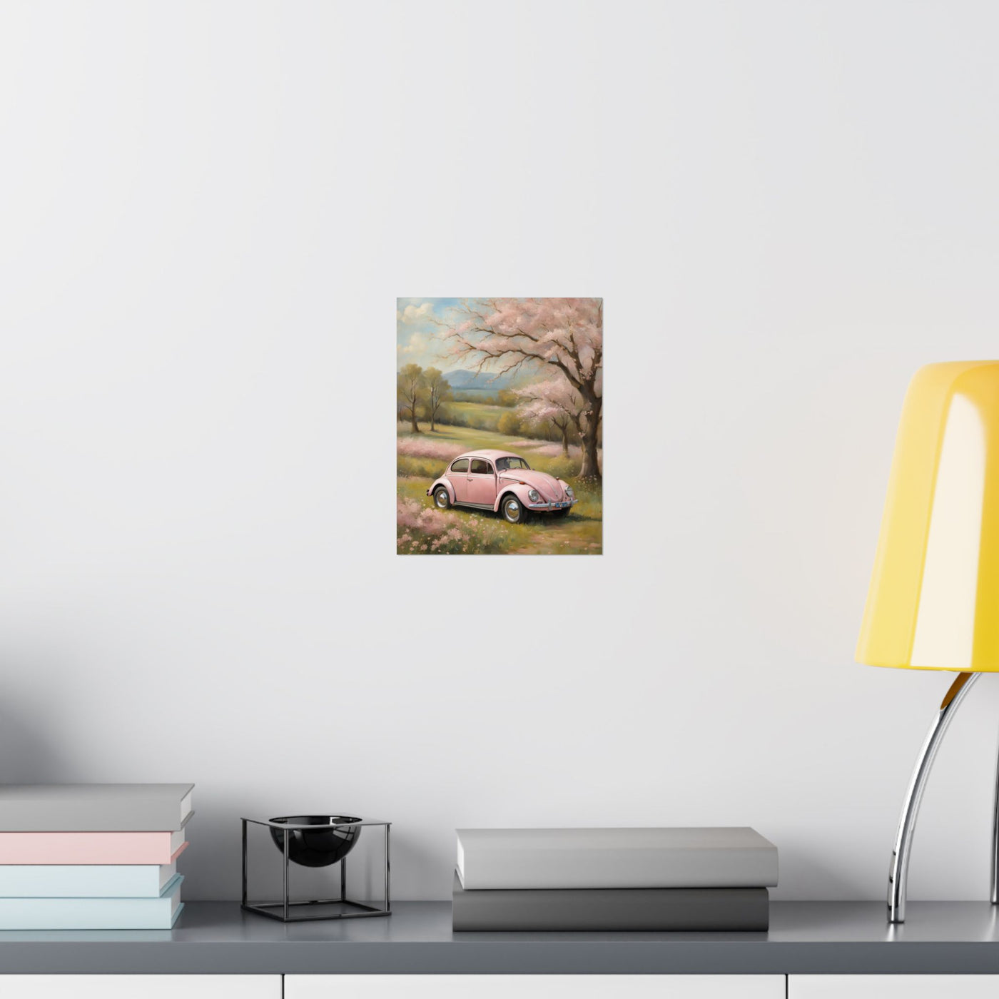 Vintage car matte vertical artwork featuring a pink car in a blooming landscape