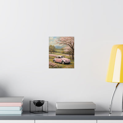 Vintage car matte vertical artwork featuring a pink car in a blooming landscape