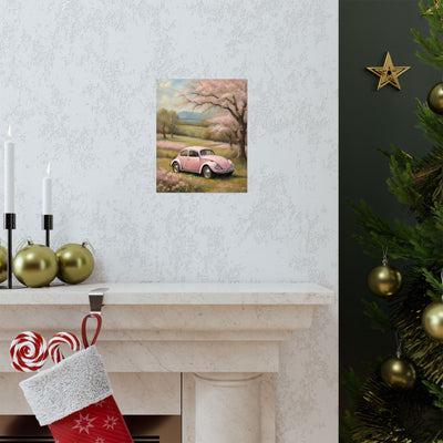 Vintage car matte vertical artwork featuring a classic pink car in a serene landscape