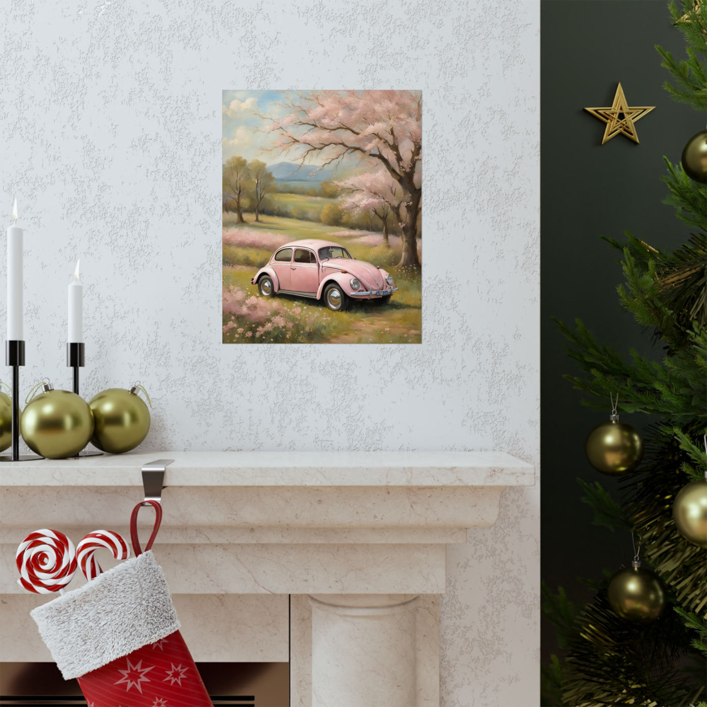 Vintage car matte vertical artwork featuring a pink car in a floral landscape