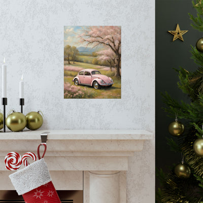 Vintage car matte vertical artwork featuring a pink car in a floral landscape