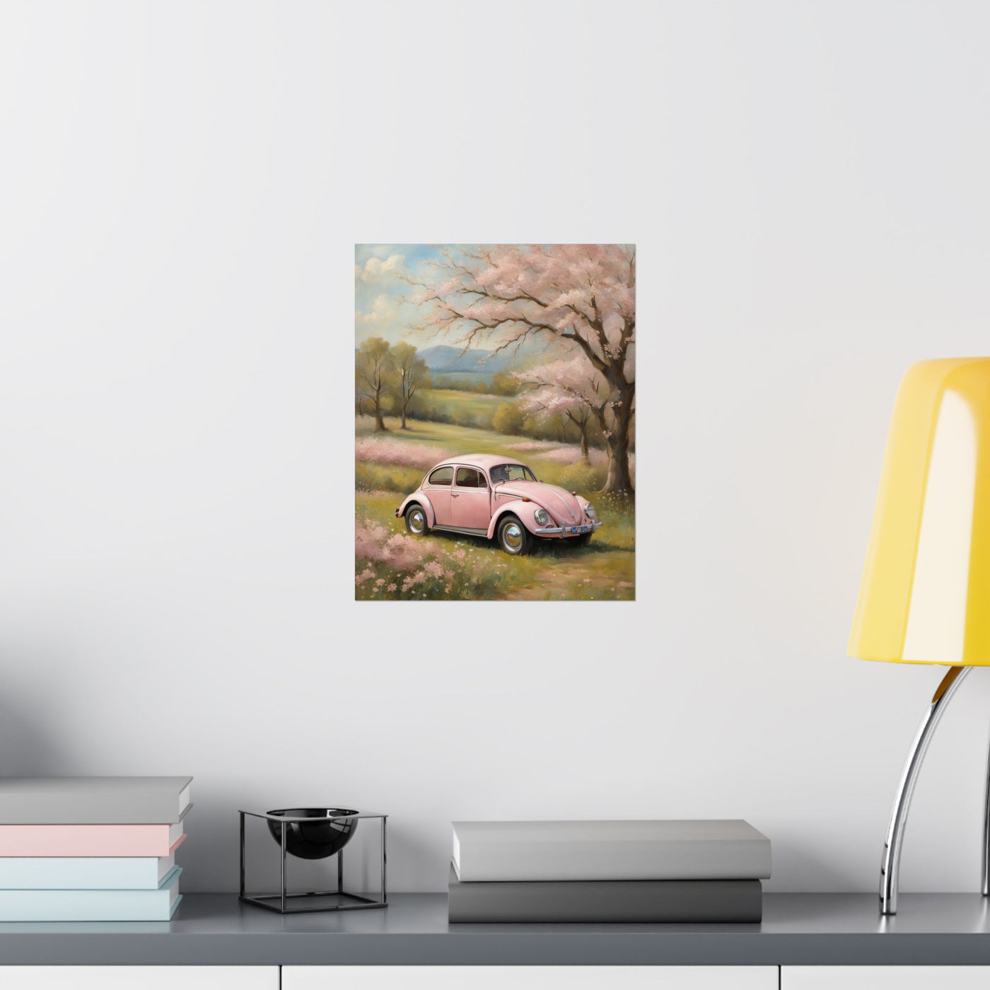 Vintage car matte vertical artwork featuring a pink classic car in a blooming landscape