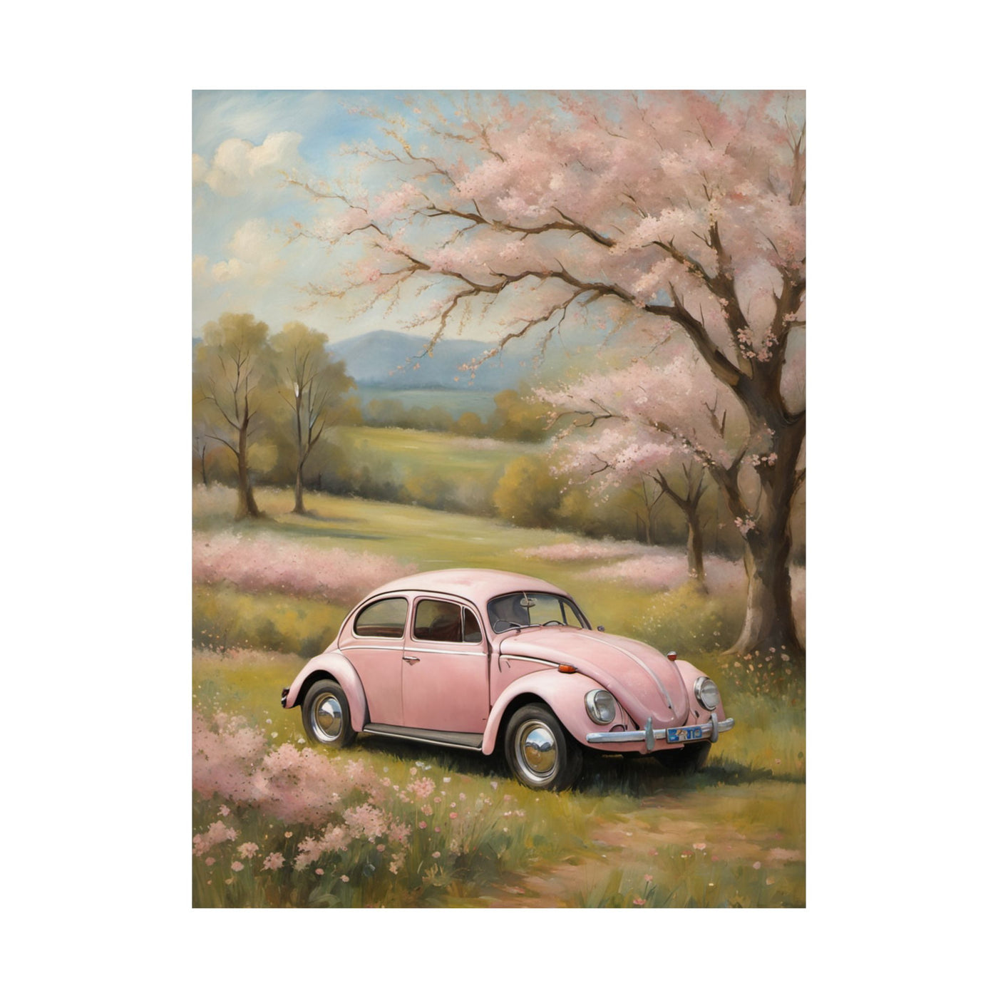 Vintage car matte vertical artwork featuring a pink Volkswagen Beetle in a blooming landscape
