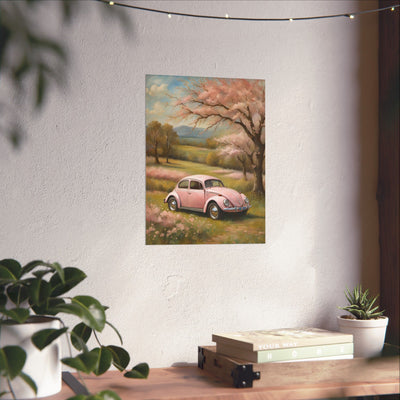 Vintage car matte vertical artwork featuring a pink car in a spring landscape with blooming trees