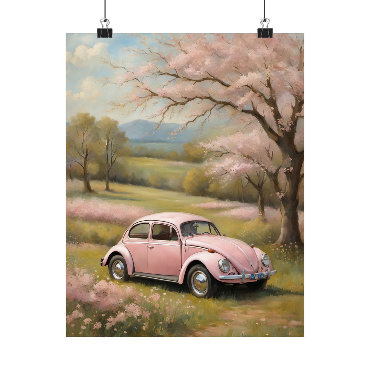 Vintage car matte vertical artwork featuring a pink car in a scenic spring landscape with blooming trees