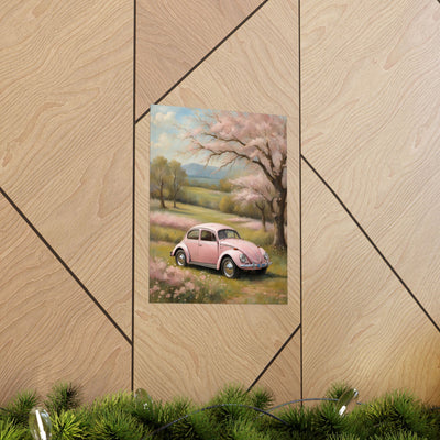 Vintage car matte vertical artwork featuring a pink old car in a blooming landscape