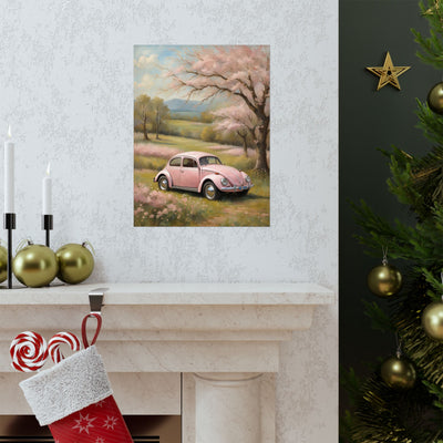 Vintage car matte vertical artwork featuring a pink car in a blooming landscape setting