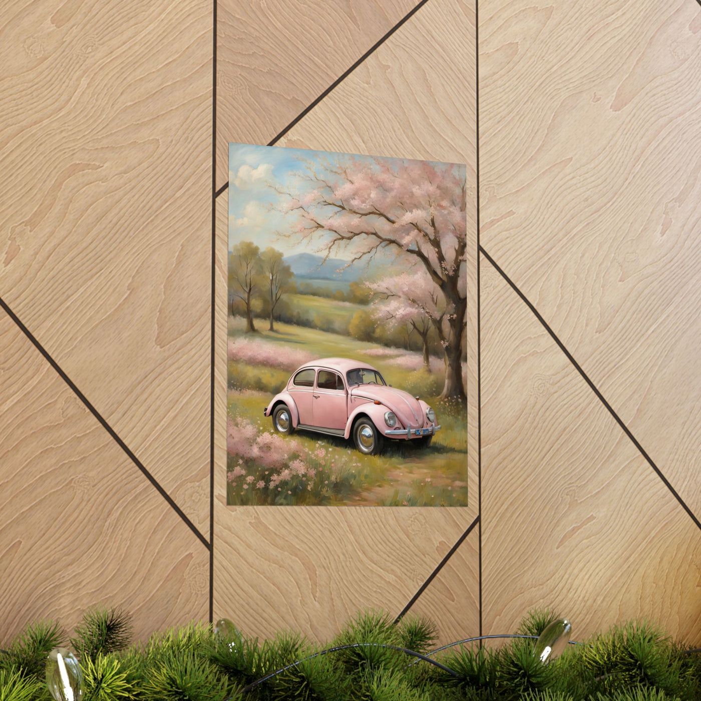 Vintage car matte vertical artwork featuring a pink retro car in a blooming landscape