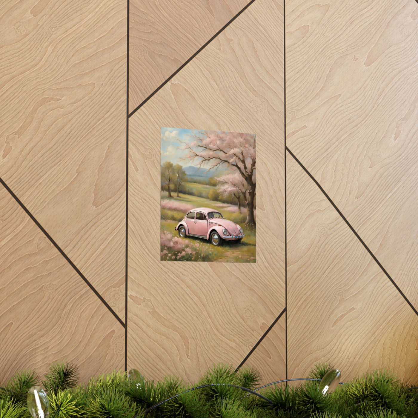Vintage car matte vertical artwork featuring a pink car in a serene landscape