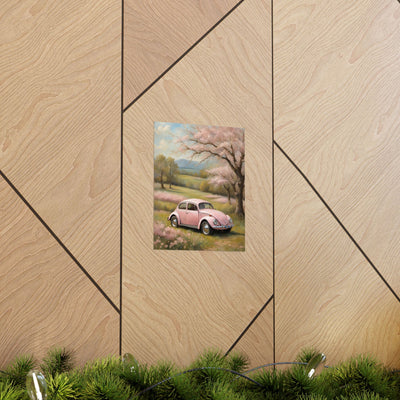 Vintage car matte vertical artwork featuring a pink car in a serene landscape