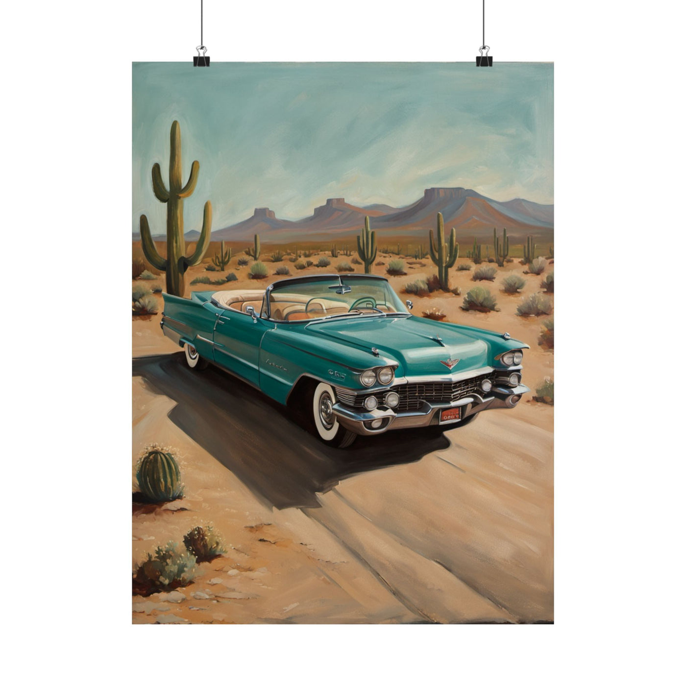 Vintage Car Matte Vertical Posters featuring a classic convertible in a desert landscape