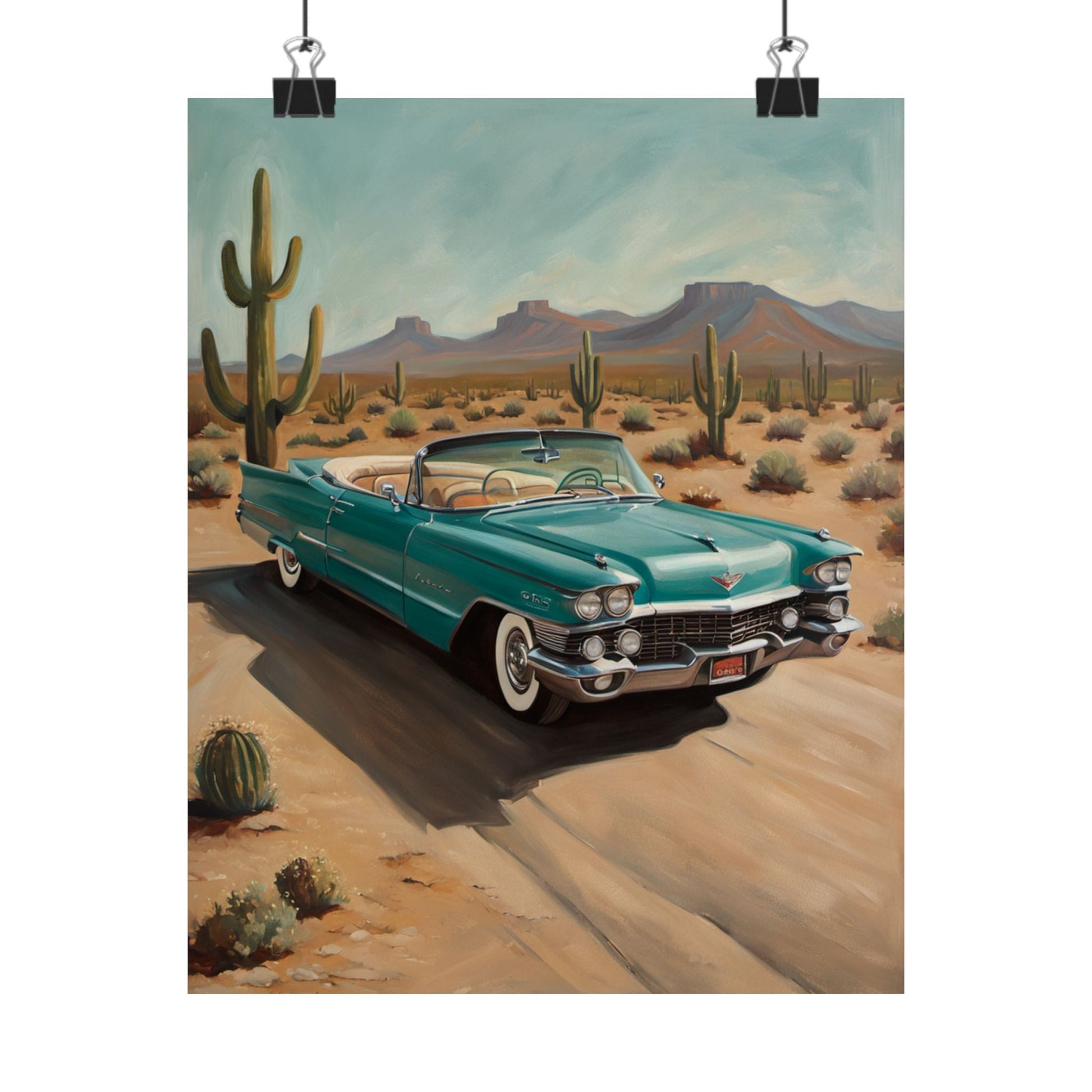 Vintage Car Matte Vertical Posters featuring a classic teal convertible in a desert landscape