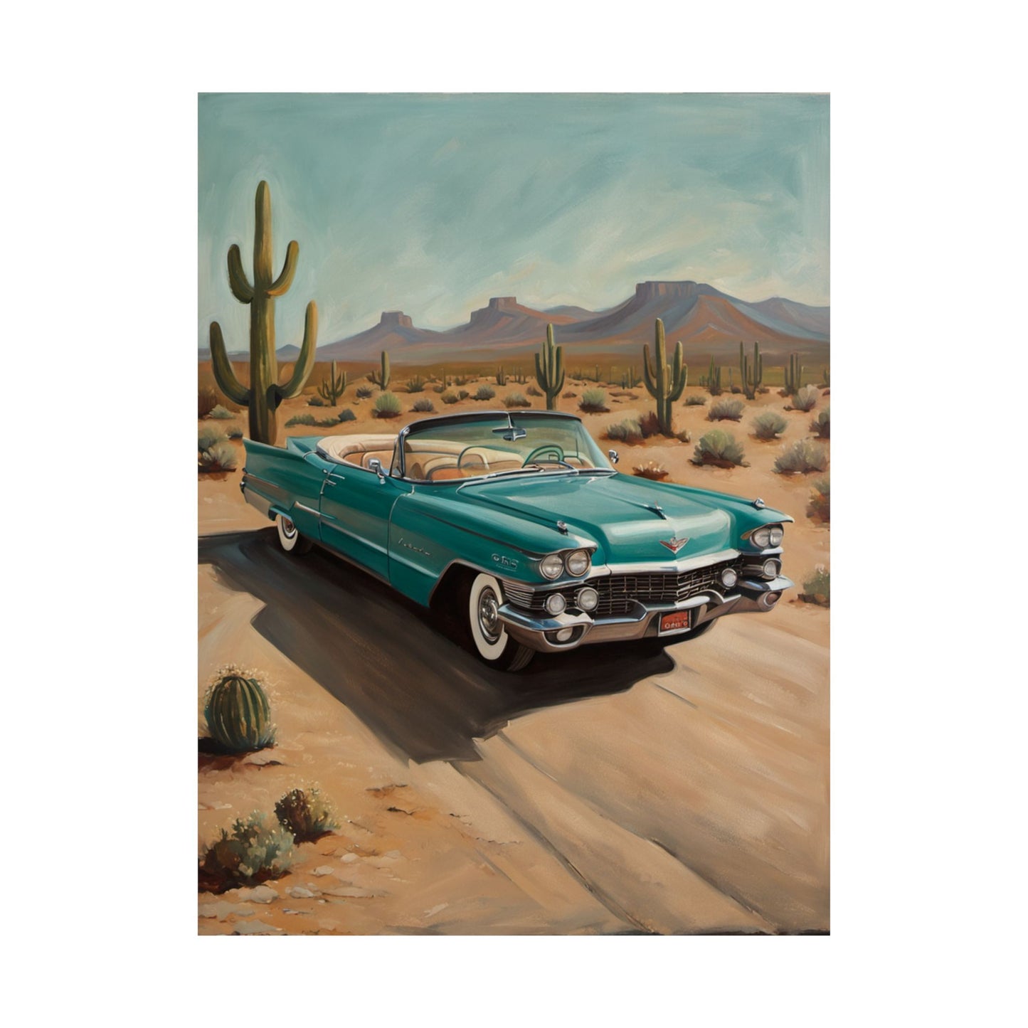 Vintage Car Matte Vertical Posters featuring a classic teal Cadillac in a desert landscape
