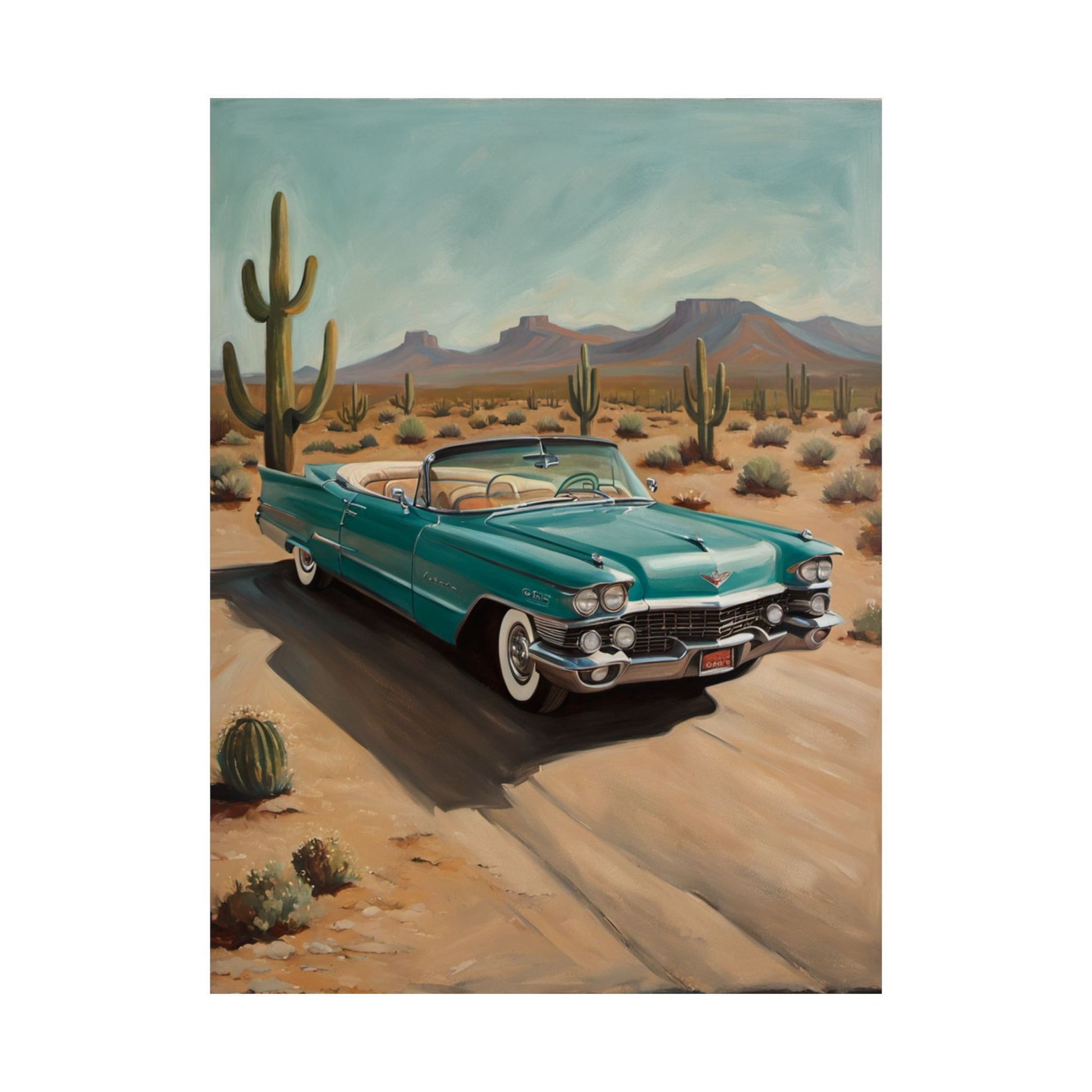 Vintage Car Matte Vertical Posters featuring a classic teal Cadillac in a desert landscape