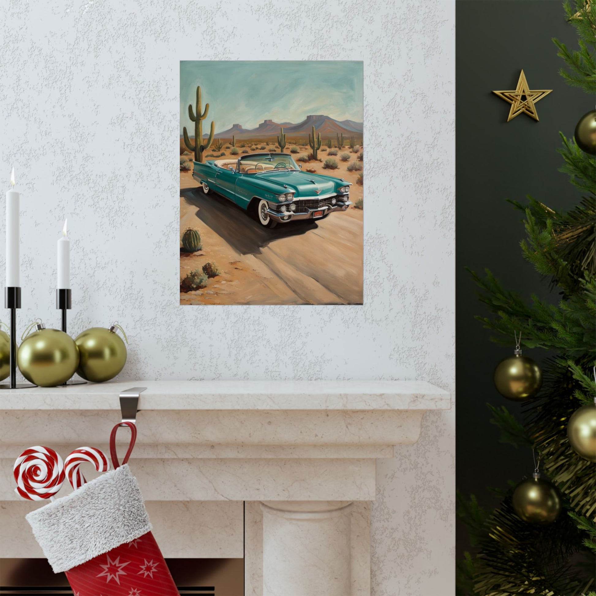 Vintage Car Matte Vertical Posters featuring a classic car driving through a desert landscape