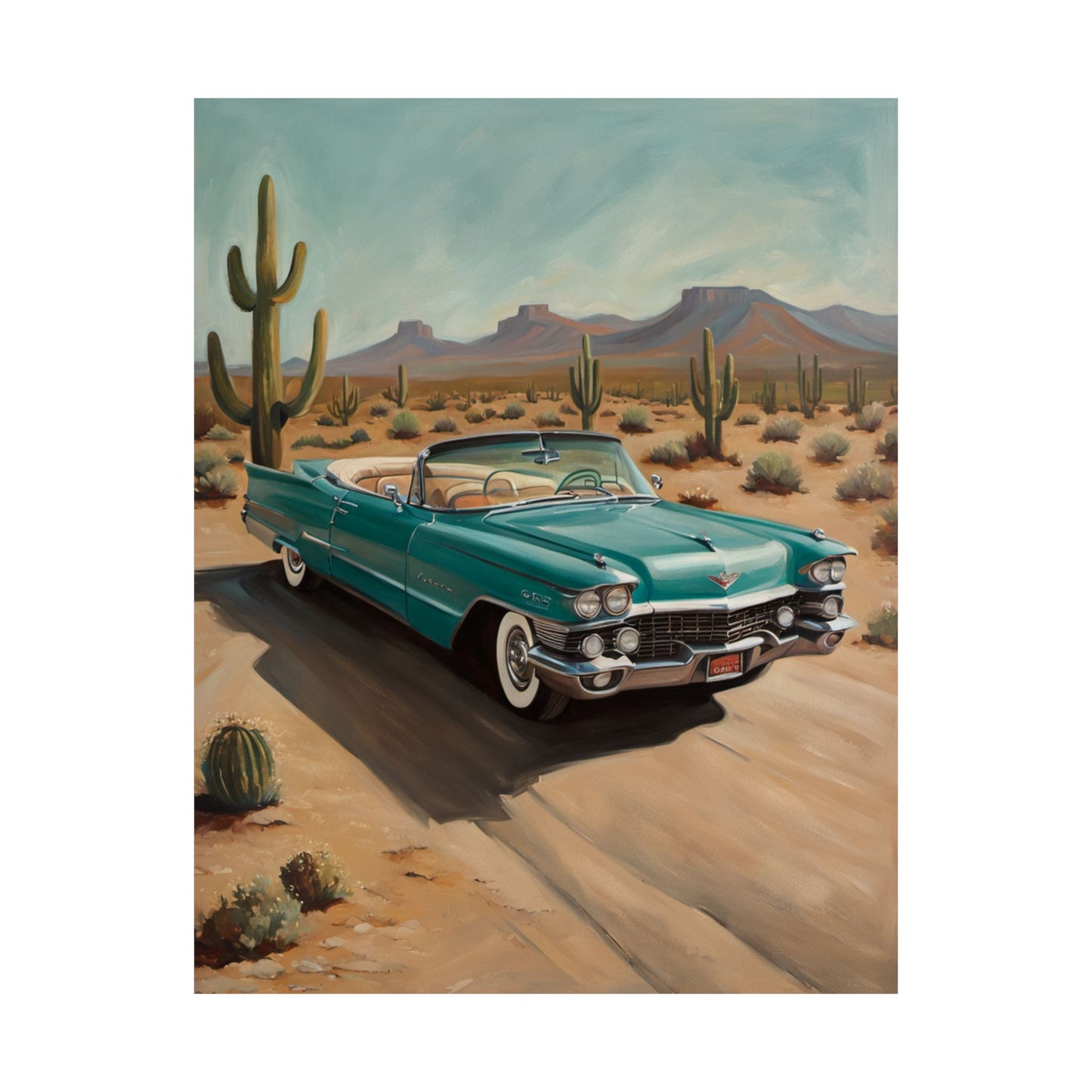 Classic Car Matte Vertical Posters featuring a classic turquoise convertible in a desert landscape