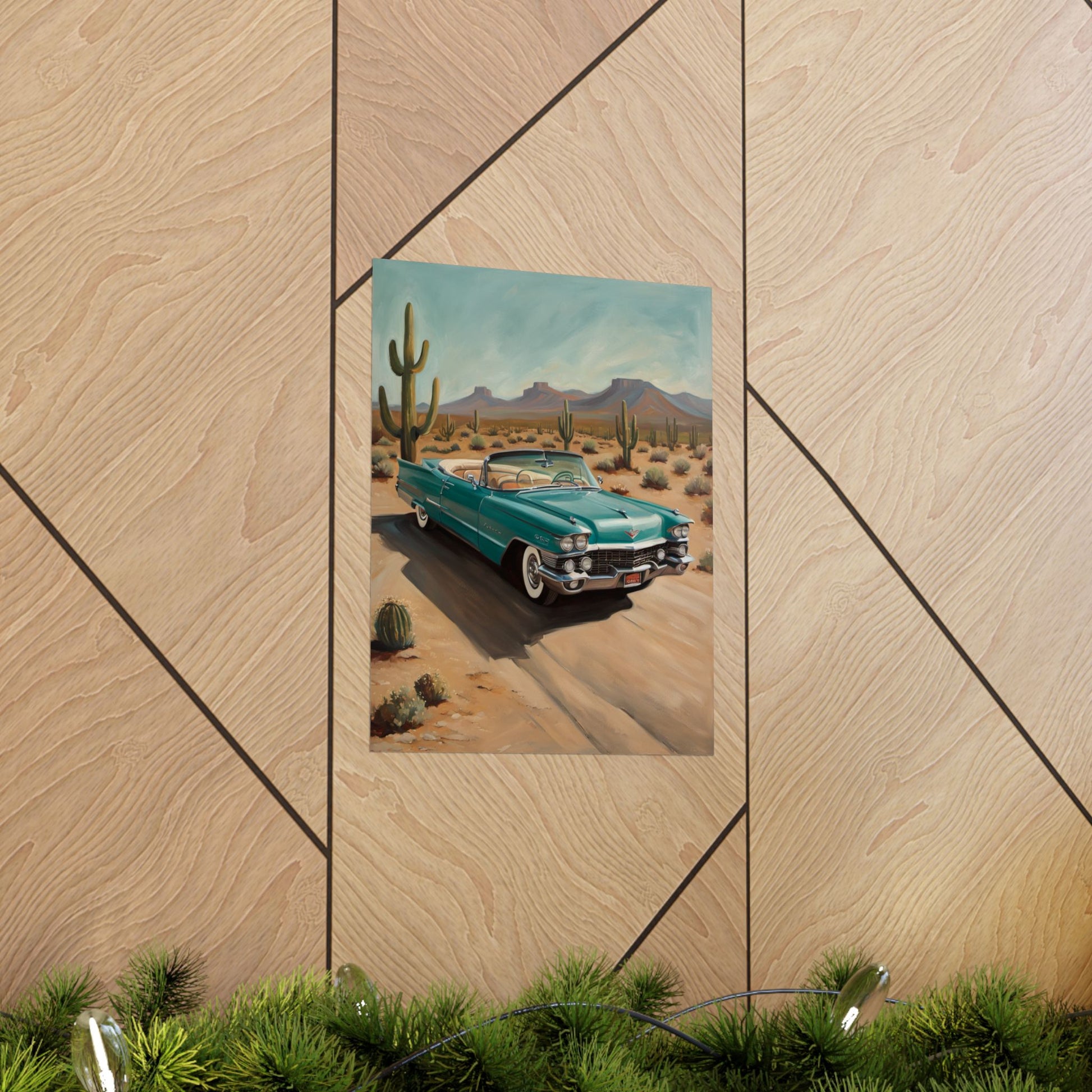 Vintage Car Matte Vertical Posters featuring a classic turquoise convertible in a desert setting