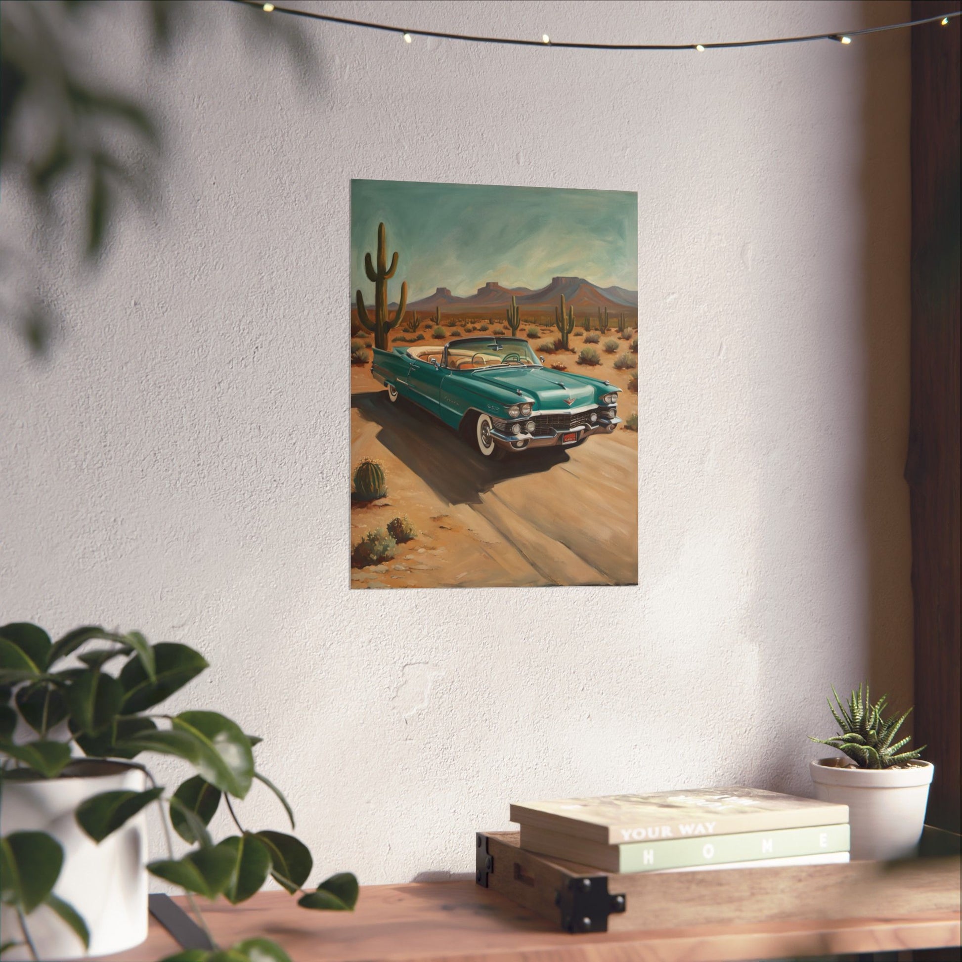 Vintage Car Matte Vertical Posters featuring a classic car in a desert landscape with cacti