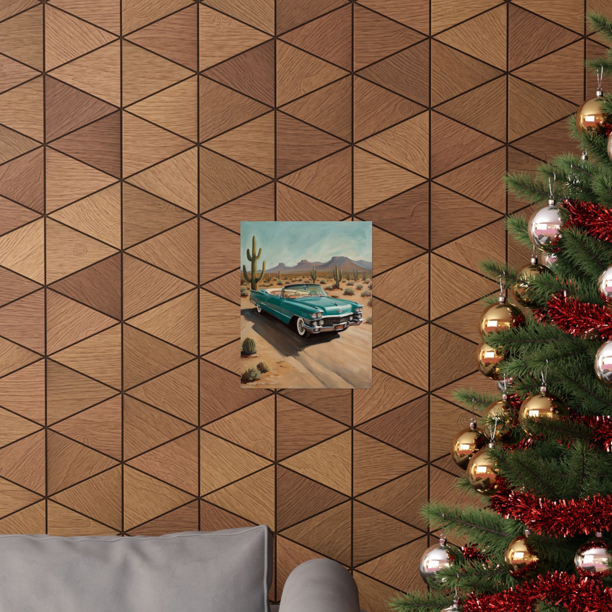 Vintage Car Matte Vertical Posters showcasing a classic car against a desert backdrop on a textured wall
