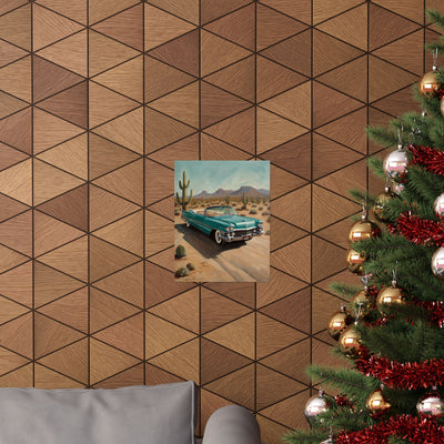 Vintage Car Matte Vertical Posters showcasing a classic car against a desert backdrop on a textured wall