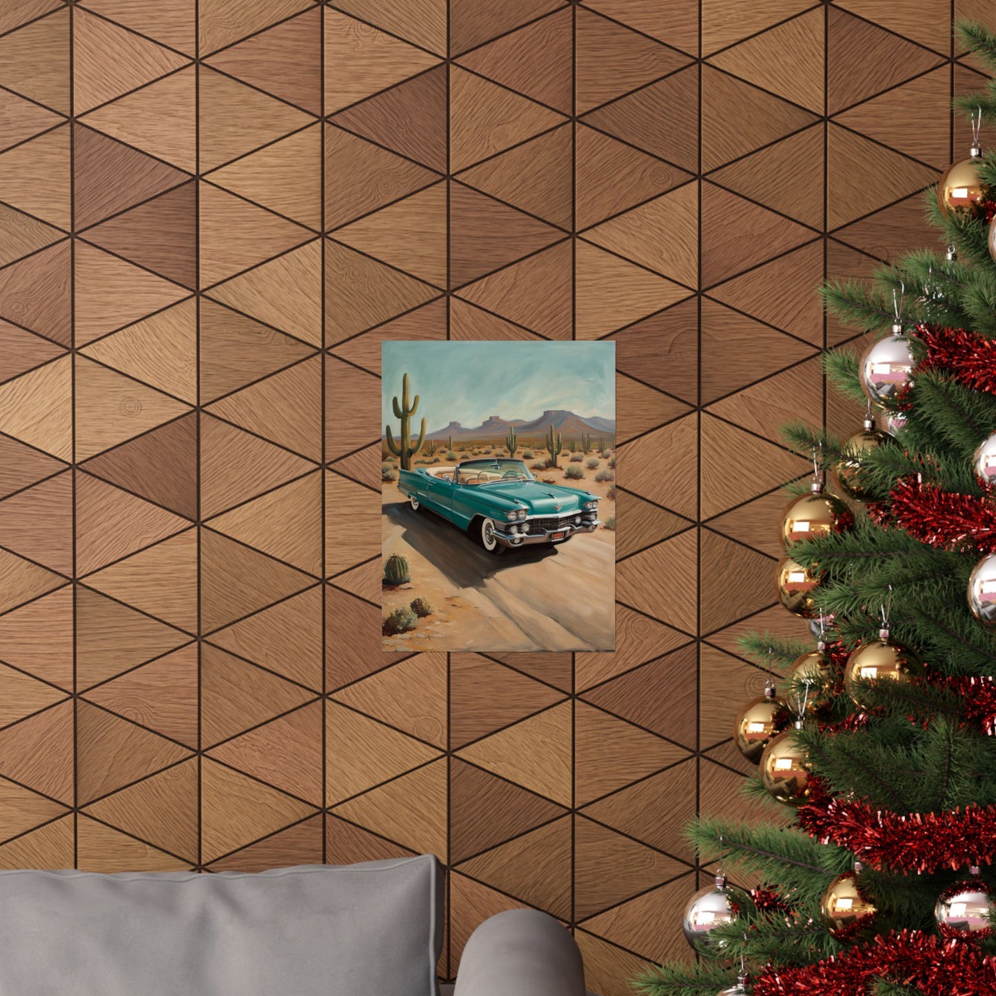 Vintage Car Matte Vertical Posters featuring a classic car against a desert backdrop in stylish home decor