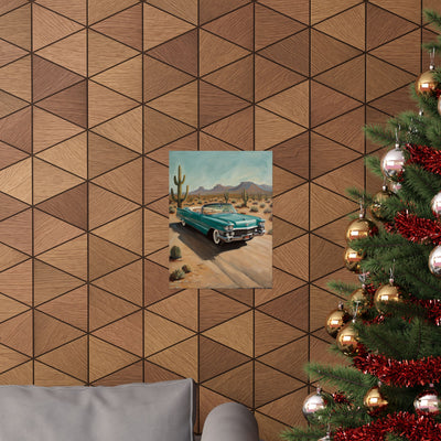 Vintage Car Matte Vertical Posters featuring a classic car against a desert backdrop in stylish home decor