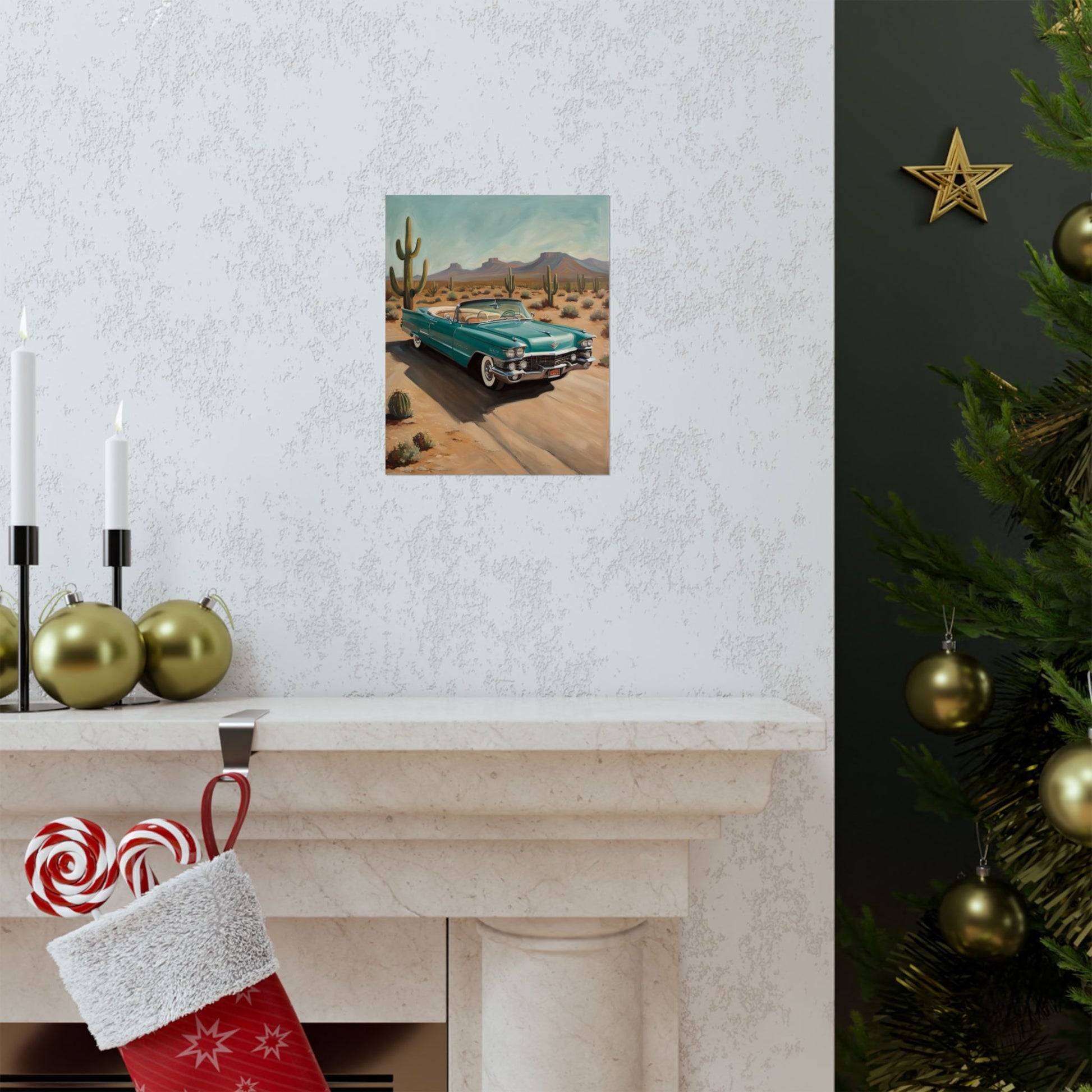 Vintage Car Matte Vertical Posters featuring a classic car on a desert road with cacti